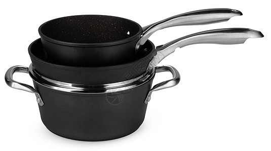 在白色上隔离的新一套黑色炊具反射金属煎锅厨具家庭玻璃油炸工具平底锅餐具图片