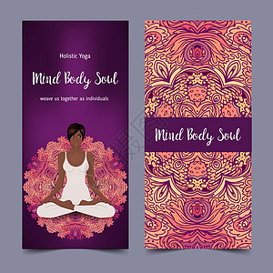 瑜伽卡设计 莲花姿势的非裔美国妇女 精神静修或瑜伽工作室的多彩设计模板 观赏名片 矢量图海报平衡女孩卡片传单绘画身体活力女性冥想图片