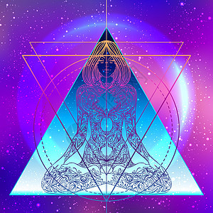 人类休眠冥想或瑜伽生命之花 神圣几何抽象背景 纺织T恤印刷的好设计 彩色海报背景生活宇宙精神咒语宗教身体几何学音乐活力潮人图片