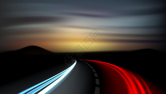 高速公路上轻轨道长距离接触车辆尾巴速度驾驶日落交通运动时间大灯插图运输图片