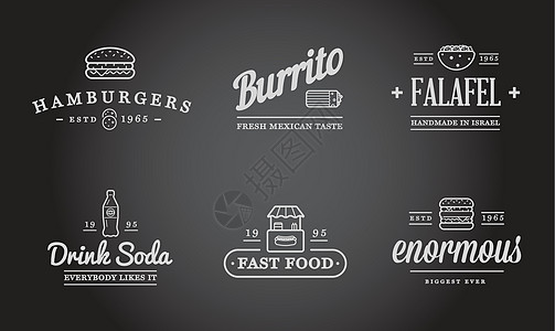 作为说明的一套矢量快食快速食品要素图标和设备 可用作保费质量的Logo或OIP芝士咖啡面包汉堡苏打香肠奶油徽章牛奶潮人图片