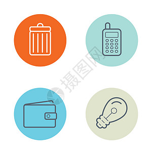 带有图标的矢量圆圆圆按钮可用作 Logo 或图标纽扣垃圾桶灯泡细胞收藏工具回收工作垃圾圆圈图片
