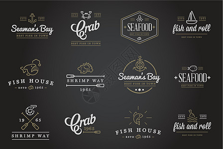 一套矢量海食物元素和海标志说明可用作保费质量的Logo或图标美食海豹标识商业收藏咖啡店菜单网络徽章横幅图片