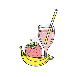 香蕉和草莓冰淇淋或柠檬汁 在玻璃中奶昔手绘瓶子饮料贴纸杯子水果排毒卡片果汁图片