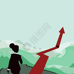 往山上走的女士用箭头标记成功 女商务人士朝着她的成就迈进 山上有一个大标记男人符号职业领导山峰套装财富愿望人士商业图片