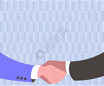 两位有纸面背景的男画家提出 握手协议 先生们 做生意和展示理解 掌上风情图形成功合同商务男性套装计算机金融合作人手图片
