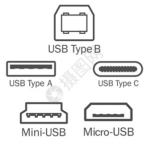 Usb 端口图标设置 矢量插图 平面设计图片