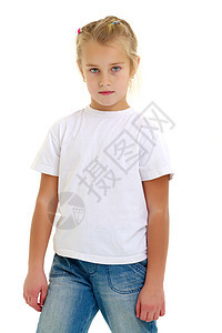 穿着白色T恤的小女孩做广告孩子衬衫打印女性空白青年微笑衣服棉布女孩图片