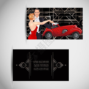 美丽的夫妇在装饰艺术风格跳探戈 复古时尚 二十多岁的魅力男人和女人和红色汽车 矢量图 咆哮的二十年代 老爷车图片