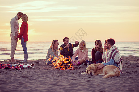 在海滩日落时和朋友共度欢乐的情侣朋友们动作假期活动啤酒篝火女性幸福男人衣服图片