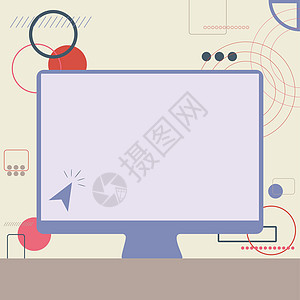 游标在一个大的空白屏幕监视器中的插图正在寻找新的好主意 空电视绘图与寻找旧惊人概念的指针框架推介会互联网电脑显示器教育蓝色桌子营图片