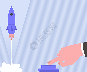 人手按下按钮将火箭发射到新视野的太空 商务人士推动开关启动航天飞机到天空以获得更好的想法营销飞行男人进步科学创新成就创造力蓝色技图片