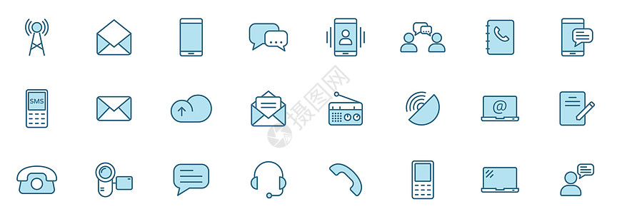 通信线矢量图标在白色上孤立的两种颜色 用于 web 和 ui 设计 移动应用程序和印刷产品的通信蓝色图标集电话地球元素用户技术话图片