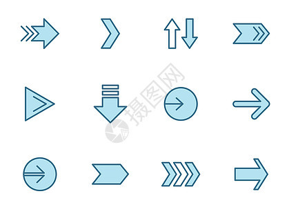 箭头轮廓矢量图标在白色背景上隔离的两种颜色 用于网页设计 移动应用程序 用户界面设计和打印的蓝色箭头图标集图片