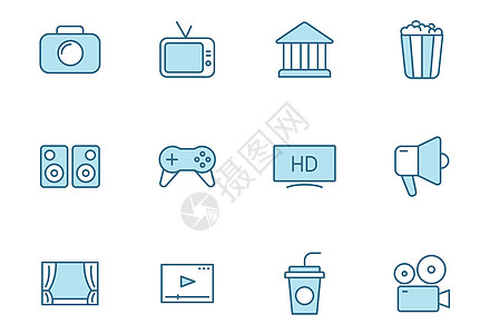 娱乐线性矢量图标在白色背景上孤立的两种颜色 用于网页设计 ui 移动应用程序和打印的娱乐蓝色图标集互联网网络卡片用户相机游戏水池图片