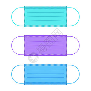 彩色医用口罩 Covid-19冠状病毒预防 三色面罩矢量图 绿色 紫色 蓝色图片