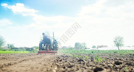 农民在带铣床的拖拉机上松动 研磨和混合土壤 农业和农业 疏松地表 耕种土地以进一步种植 栽培技术装备图片