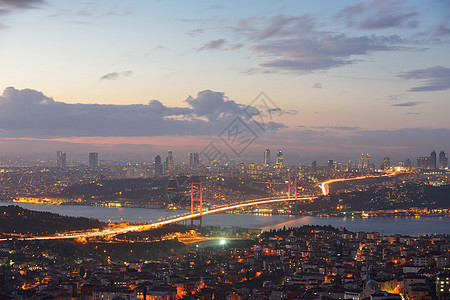 土耳其伊斯坦布尔博斯普鲁斯桥火鸡旅游城市交通夜景日落海岸运输蓝色天空图片