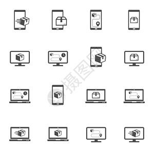 在白色背景上隔离的交付应用程序矢量图标 具有用于网络 移动和 ui 设计的快递应用程序图标的智能手机和计算机图片