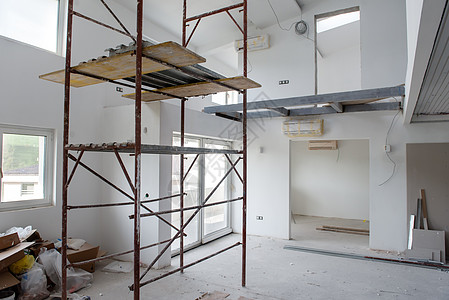 建筑工地内有脚手架工具房间装修水泥房子安全框架商业公寓工程背景图片