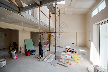 建筑工地内有脚手架梯子房子职场金属装修框架建筑学工作商业地面背景图片