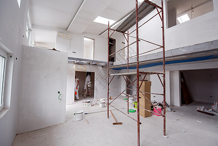 建筑工地内有脚手架建筑学金属工作地面房子安全材料天花板商业工具背景图片
