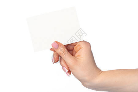 妇女手持白白空白的白色名片 孤立在白纸上拇指职业优惠券棕榈女性成功标签手指卡片手臂背景图片