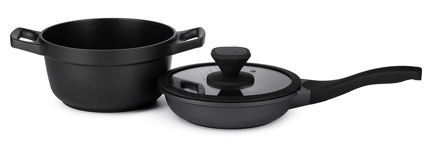 在白色上隔离的新一套黑色炊具煎锅玻璃工具家庭用具烹饪餐具反射厨具金属图片