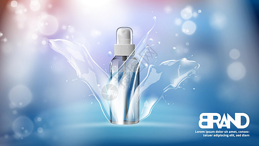 新鲜喷洒中的蓝水瓶横幅治疗插图气泡化妆品皮肤液体润肤蓝色空气图片