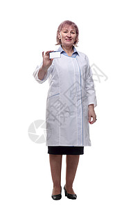 合格医生出示她的探访卡 孤立在白色上诊断访问从业者护理人员保健女性报告医师职业卡片图片