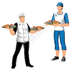 送订单的厨师和信使 白人背景的人-矢量图片