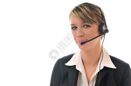 戴头耳机的女商务人士接待员服务讲话秘书求助办公室中心女士商务助手图片