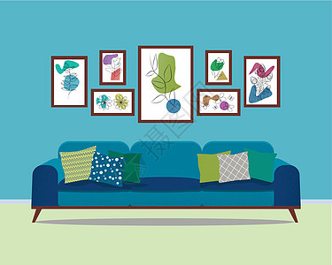 现代斯堪的纳维亚起居室室内 蓝色沙发上铺有枕头 海报 绘画 装饰品图片