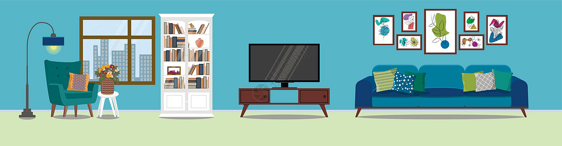 客厅内部 舒适的沙发 电视 窗户 椅子 海报 书柜 游戏机 床头柜上的花篮和落地灯 矢量平面插画图片