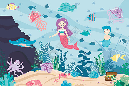 海底有鱼 洞穴 沙沙 美人鱼女孩和男孩螃蟹热带规划海星景观卡通片动物小龙虾神话龙虾图片