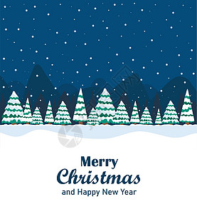 贺卡上写着圣诞快乐和新年快乐 还有森林里的冬夜景观高清图片