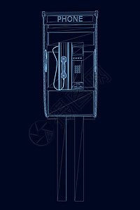 由蓝线组成的街道电话亭的线路框架 在黑暗背景下被隔离 3D 矢量插图图片