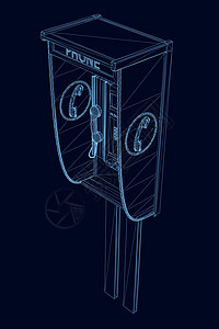 由蓝线组成的街道电话亭的线路框架 在黑暗背景上隔离 透视光度3D 矢量插图图片