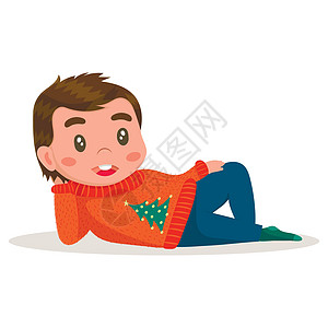穿着毛衣的可爱卡通男孩和圣诞树 躺在他身边 头部在手上躺着图片