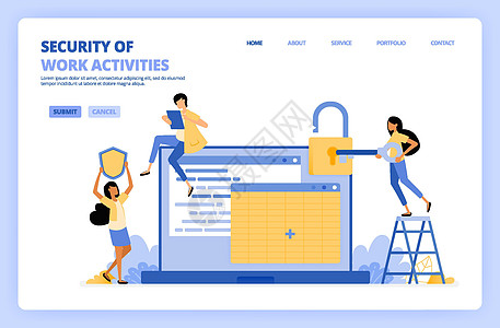人们在电子表格上保护工作数据 女人拿着钥匙打开安全挂锁 安全系统盾牌 可用于登陆页面模板 UI ux 网络移动应用程序海报横幅网图片