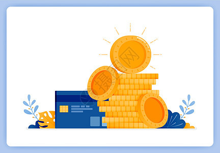 矢量图的一堆货币硬币与信用卡在一边 债务的笑话 矢量插图集隔离在白色背景上 可用于登陆页面 网站 海报 移动应用程序图片