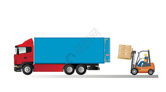 叉车装载货盘 装有纸板箱 侧视图 货物的物流和交付 矢量说明图片