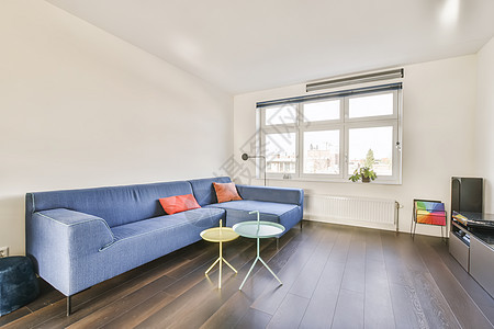 带有蓝色沙发和玻璃咖啡桌的有吸引力客厅财富家具建筑学风格奢华公寓茶几房地产建筑住宅图片