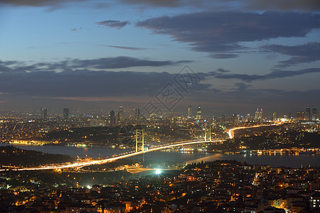 土耳其伊斯坦布尔博斯普鲁斯桥日落天际交通火鸡夜景城市海岸天空运输蓝色图片