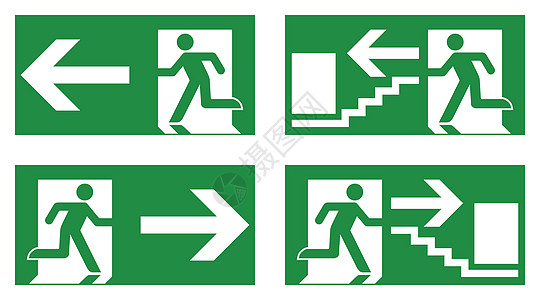 紧急出口安全标志 绿色背景的白色跑步男子图标-左 右和楼梯版本图片