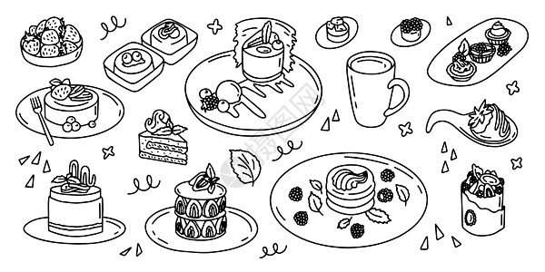 线条艺术切片蛋糕和纸杯蛋糕手画的插图收藏集 墨水平板 设计涂鸦草图店铺手绘食物纪念日世界咖啡店婚礼卡通片绘画菜单图片