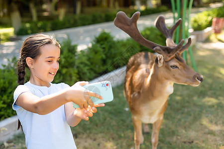 孩子在动物园喂野鹿 孩子们在户外喂养动物 小女孩在农场看驯鹿 孩子和宠物动物 家庭夏季动物园之旅 成群的鹿树木男生女孩食物森林哺图片