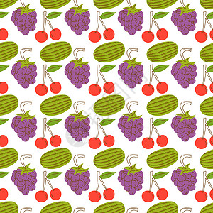 五颜六色的水果图案 西瓜 樱桃 葡萄 手绘各种美味多汁的水果 时髦的插图 平面设计 卡通风格 彩色矢量无缝模式 黑色背景图片