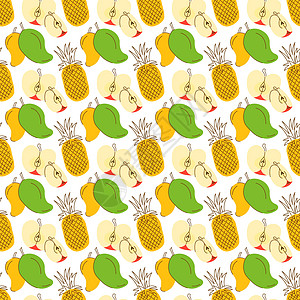 热带夏季无缝模式 配有菠萝 芒果 苹果和松果;在北冰洋图片