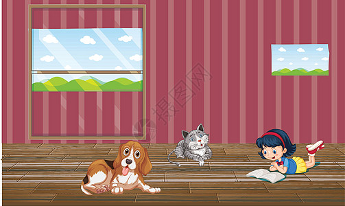 小女孩在房间里为动物读书呢绘画男生窗户男人女孩女士孩子艺术卡通片桌子图片